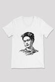 Frida Kahlo Beyaz Unisex V Yaka Tişört