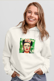 Frida Kahlo Unisex Baskılı Beyaz Kapüşonlu Sweatshirt