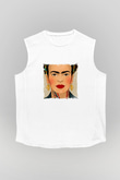 Frida Kahlo Unisex Baskılı Beyaz Kolsuz Tişört
