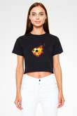 Futbol - Football Baskılı Crop Top Siyah Kadın Tişört - Tshirt