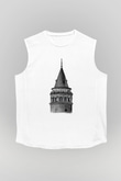 Galata Kulesi Baskılı Beyaz Unisex Kolsuz Tişört - Tshirt