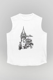 Galata Kulesi Baskılı Beyaz Unisex Kolsuz Tişört - Tshirt