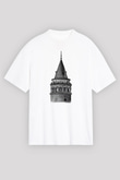 Galata Kulesi Baskılı Beyaz Unisex Oversize Tişört - Tshirt