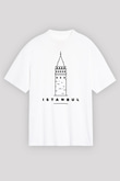 Galata Kulesi Baskılı Beyaz Unisex Oversize Tişört - Tshirt