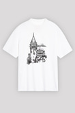 Galata Kulesi Baskılı Beyaz Unisex Oversize Tişört - Tshirt