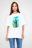 Galata Kulesi Baskılı Beyaz Unisex Oversize Tişört - Tshirt