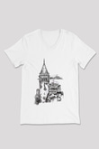 Galata Kulesi Baskılı Beyaz Unisex V Yaka Tişört - Tshirt