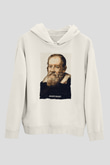 Galileo Galilei Yazılı Portre Baskılı Unisex Ekru Hoodie