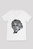 Geometrik Aibert Einstein Portesi Baskılı Unisex Beyaz V Yaka Tişört