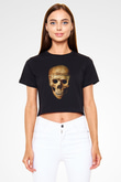 Gerçekçi Kurukafa Baskılı Siyah   Crop Top Tişört