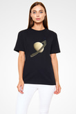 Gezegen Satürn Baskılı Unisex Siyah Tişört - Tshirt
