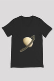 Gezegen Satürn Baskılı Unisex V Yaka Siyah Tİşört - Tshirt