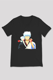 Gintama Baskılı Unisex Siyah V Yaka Tişört - Tshirt