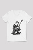 Gitarist Beyaz Unisex V Yaka Tişört