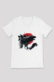 Godzilla Beyaz Unisex V Yaka Tişört T-Shirt