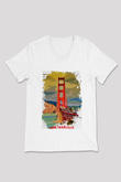 Golden Gate Bridge Beyaz Unisex V Yaka Tişört