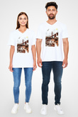 Golden Gate Bridge Beyaz Unisex V Yaka Tişört