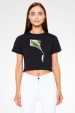Golf Baskılı Crop Top Siyah Kadın Tişört - Tshirt