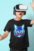 Gözlüklü Kedi Baskılı Unisex Siyah  Çocuk Tişört