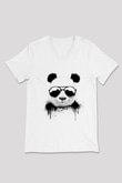 Gözlüklü Panda Baskılı Unisex Beyaz  V Yaka Tişört