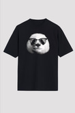 Gözlüklü Panda Baskılı Unisex Siyah Tişört
