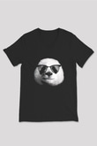 Gözlüklü Panda Baskılı Unisex Siyah  V Yaka Tişört