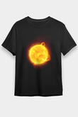 Güneş Çizim Renkli Baskılı Unisex Siyah Tişört - Tshirt