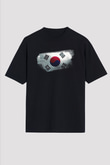 Güney Kore - South Korea Bayrağı Baskılı Unisex Siyah Oversize Tişört
