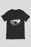 Güney Kore - South Korea Bayrağı Baskılı Unisex Siyah V Yaka Tişört
