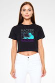 Hacker Baskılı Siyah Crop Top Kadın Tişört - Tshirt
