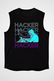 Hacker Baskılı Unisex Siyah Kolsuz Tişört - Tshirt