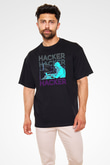 Hacker Baskılı Unisex Siyah Oversize Tişört - Tshirt