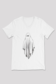 Halloween Baskılı Beyaz Unisex V Yaka Tişört - Tshirt