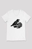 Halloween Baskılı Beyaz Unisex V Yaka Tişört - Tshirt