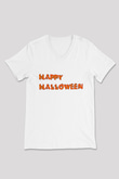 Halloween Baskılı Beyaz Unisex V Yaka Tişört - Tshirt