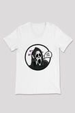 Halloween Baskılı Beyaz Unisex V Yaka Tişört - Tshirt