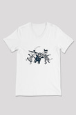 Halloween Baskılı Beyaz Unisex V Yaka Tişört - Tshirt