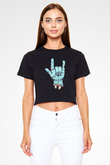 Halloween Baskılı Siyah Crop Top Kadın Tişört - Tshirt