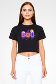 Halloween Baskılı Siyah Crop Top Kadın Tişört - Tshirt