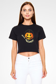 Halloween Baskılı Siyah Crop Top Kadın Tişört - Tshirt