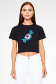 Halloween Baskılı Siyah Crop Top Kadın Tişört - Tshirt