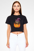 Halloween Baskılı Siyah Crop Top Kadın Tişört - Tshirt