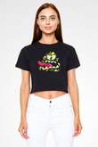Halloween Baskılı Siyah Crop Top Kadın Tişört - Tshirt