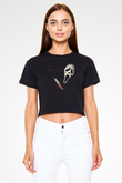 Halloween Baskılı Siyah Crop Top Kadın Tişört - Tshirt