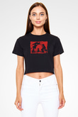 Halloween Baskılı Siyah Crop Top Kadın Tişört - Tshirt