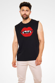 Halloween Baskılı Unisex Siyah Kolsuz Tişört - Tshirt