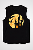 Halloween Baskılı Unisex Siyah Kolsuz Tişört - Tshirt