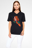 Halloween Baskılı Unisex Siyah V Yaka Tişört - Tshirt