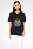 Halloween Baskılı Unisex Siyah V Yaka Tişört - Tshirt