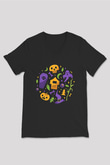 Halloween Baskılı Unisex Siyah V Yaka Tişört - Tshirt